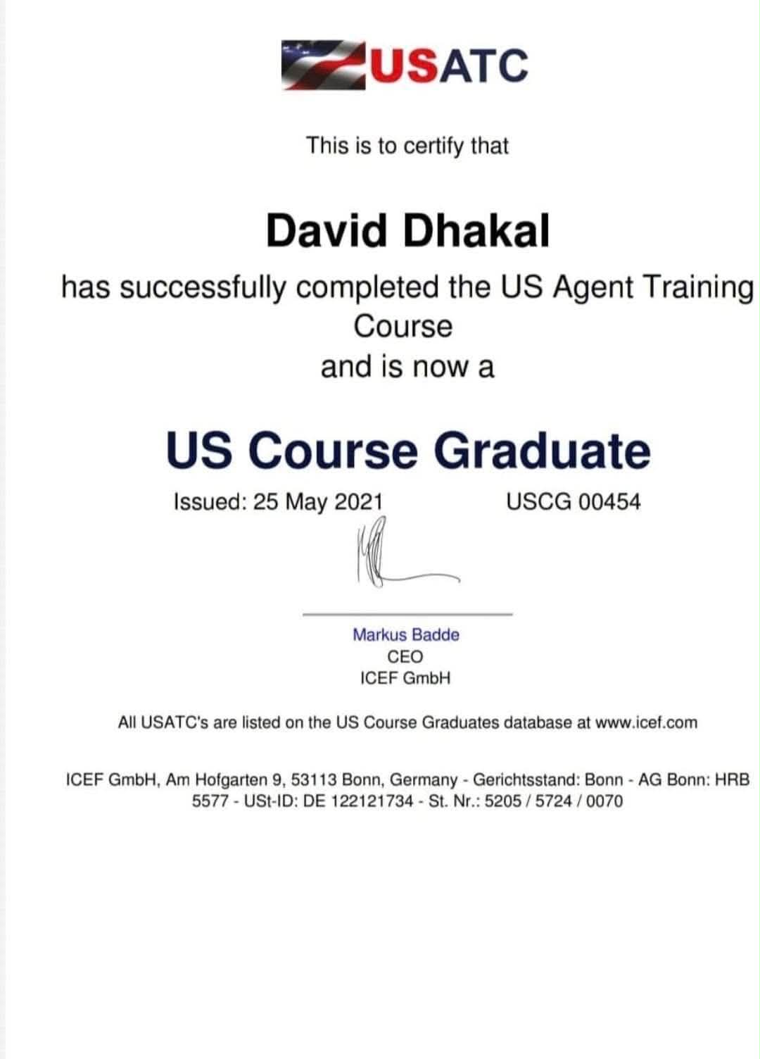 US Agent Training Course Graduate